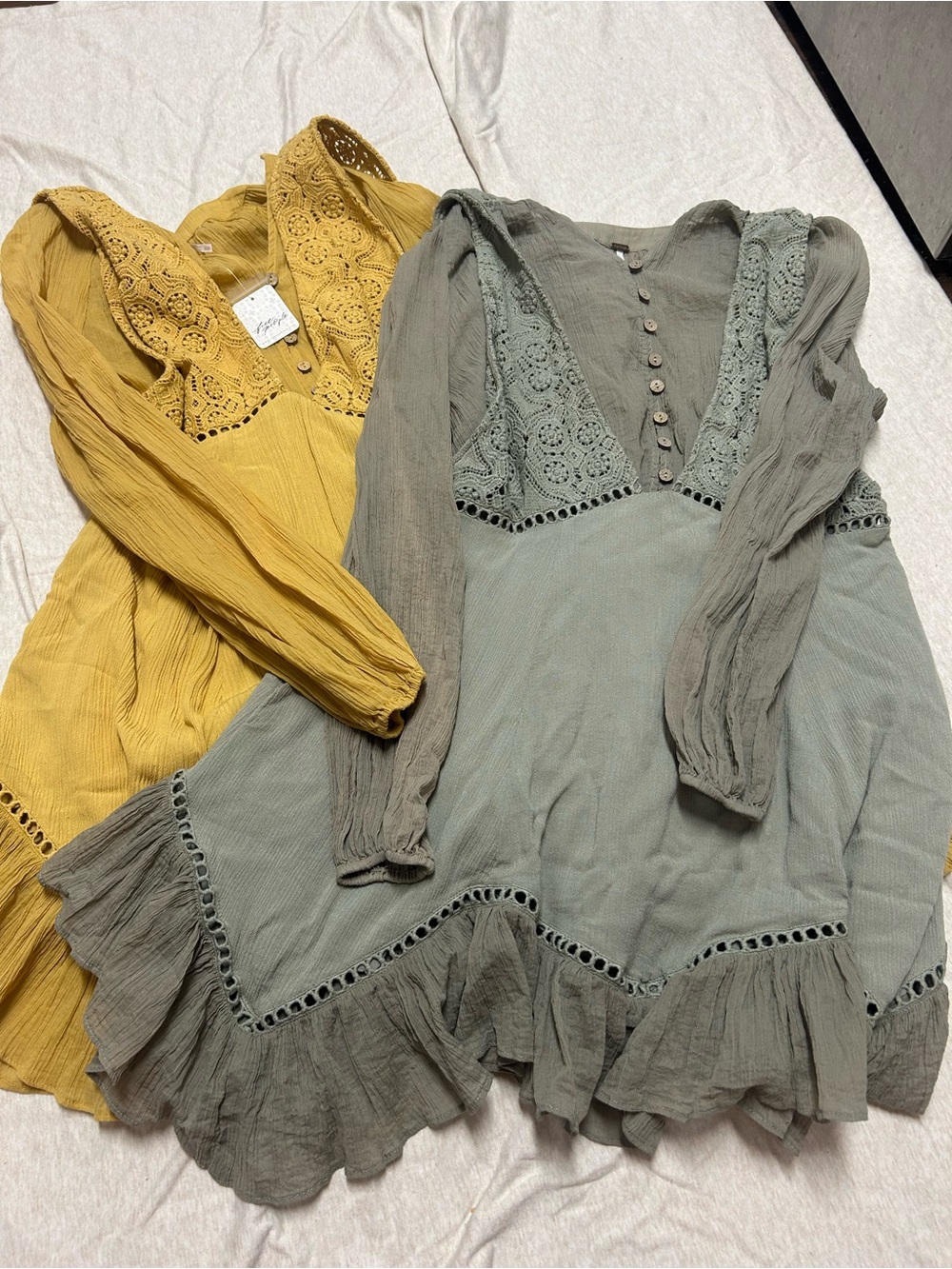 NWT Free People Freya Set Mustard Yellow Sage Green Whimsical Fairy Boho Crochet